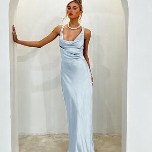 Selfie Leslie Baby Blue Satin Sitara Tied Back Maxi Dress Large 8